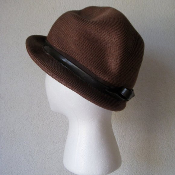 Vintage l 50s 22 Sears Millinery Brown Woven Patent Leather Bow Chic Derby Hat - Picture 4 of 7